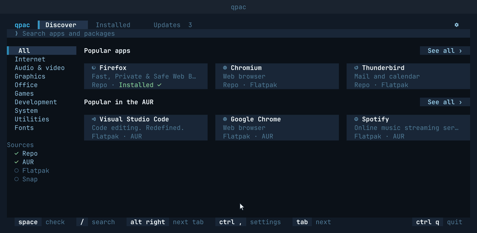 qpac in use: Discover, a search answered across the repositories, Flatpak and the AUR, an application's page, the confirmation counting seven packages, pacman's own output, and the Updates tab with the latest Arch news