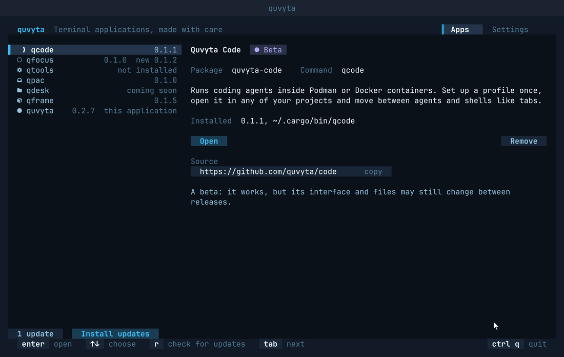 A visit in quvyta: qtools is picked from the family list, the install is agreed to after the exact command is shown, cargo builds it, and the row ends with Open
